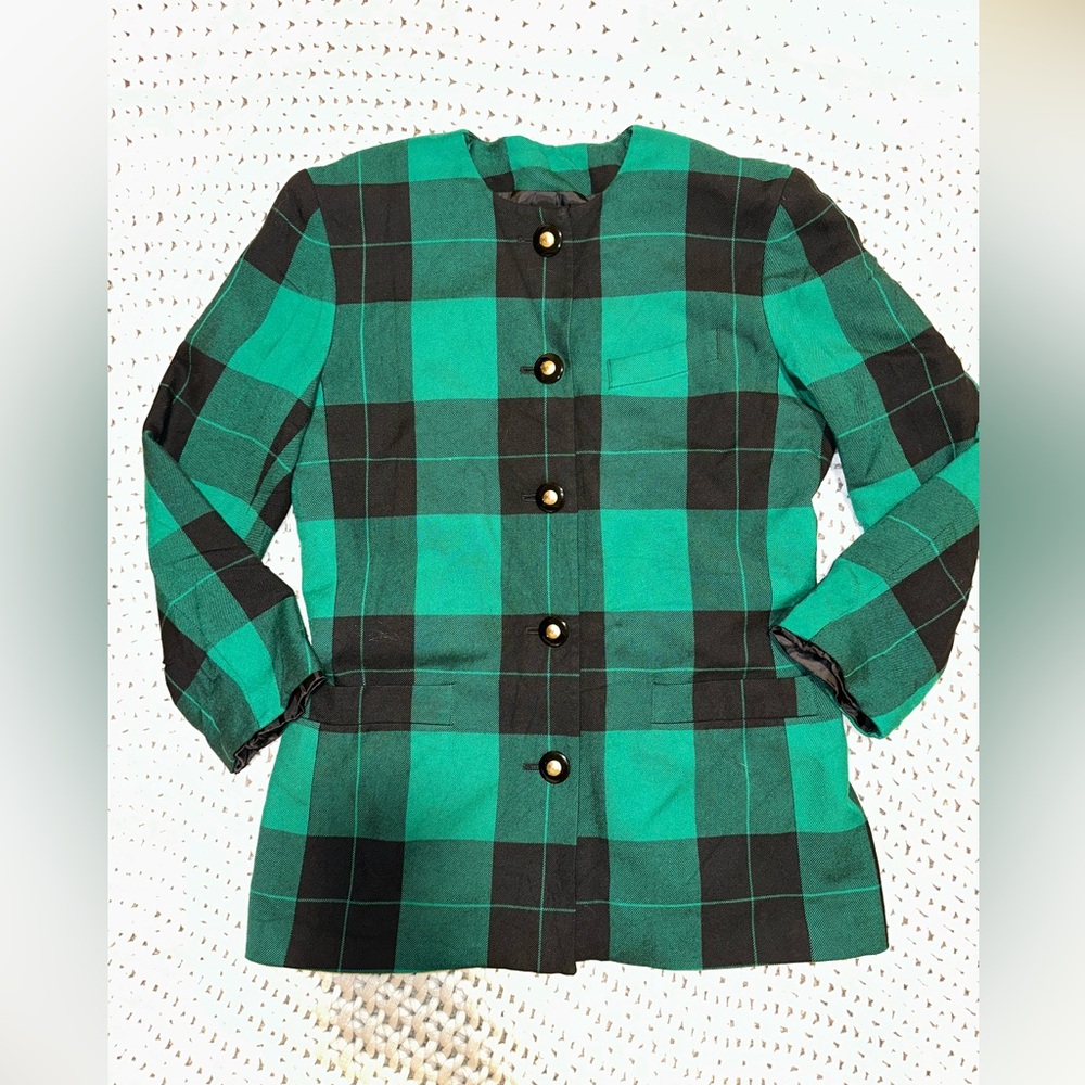 Le Suit Vintage Green Plaid Blazer with Gold Buttons